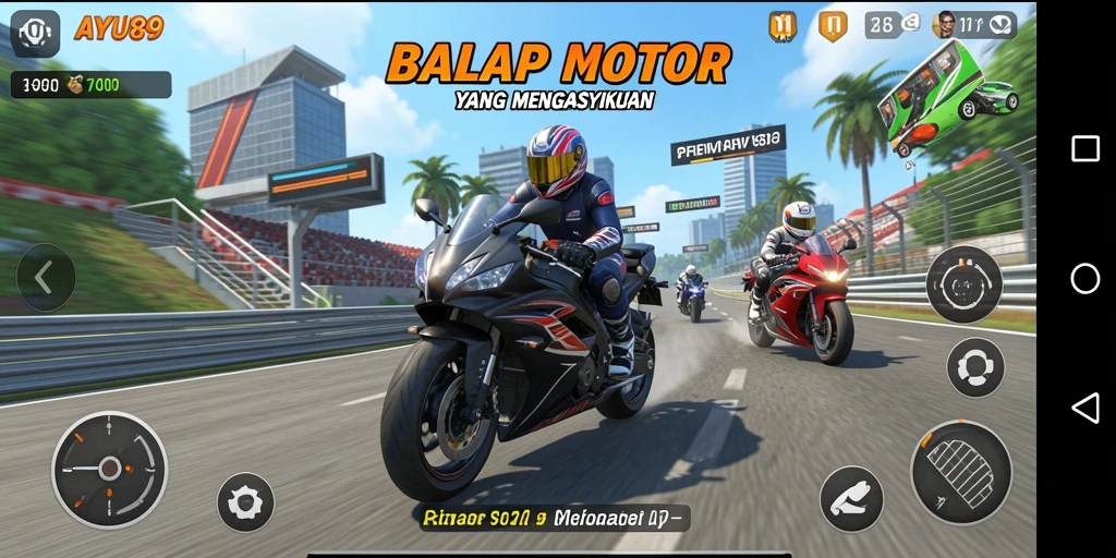 Screenshot gameplay AYU89 yang menampilkan balap motor seru.