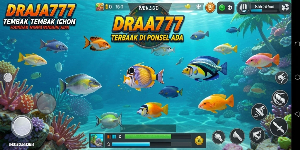Tangkapan layar DRAJA777 dengan aksi menembak ikan di bawah laut.
