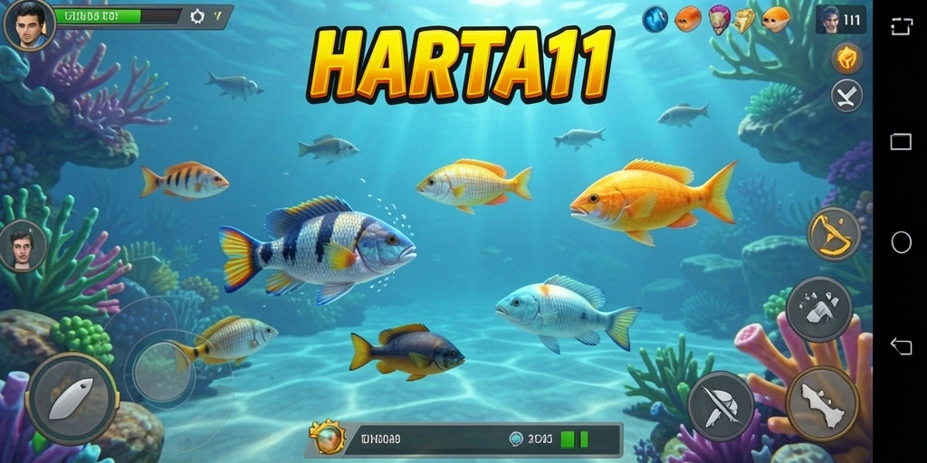 Tampilan gameplay seru dari HARTA11 menyuguhkan aksi menembak ikan yang menarik.