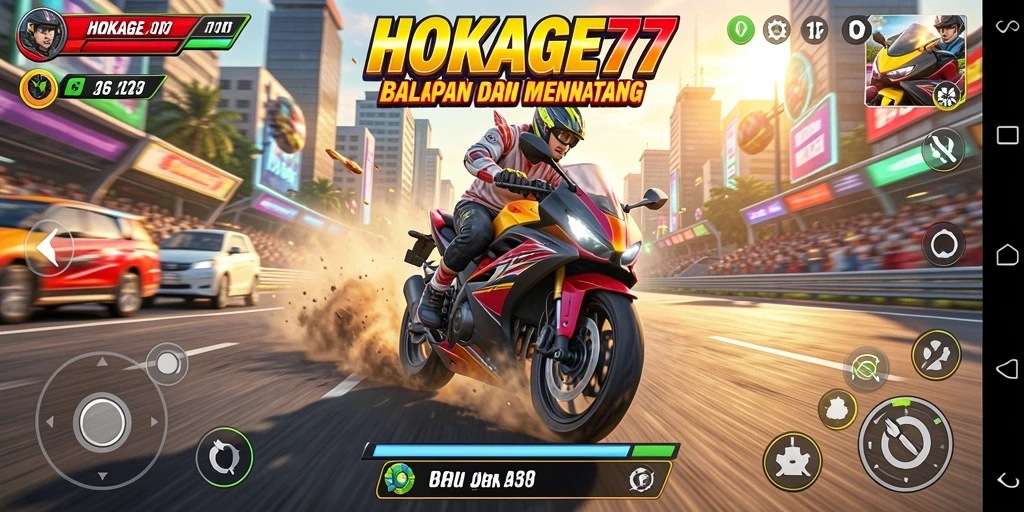 Screenshot utama HOKAGE77 menampilkan aksi balapan motor yang mendebarkan.