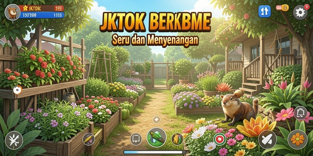 Tampilan gameplay seru di JKTOK dengan kebun yang indah.