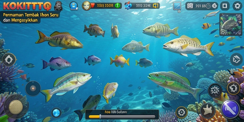 Screenshot utama KOKITOTO menampilkan banyak ikan berwarna-warni dalam aksi tembak-menembak.