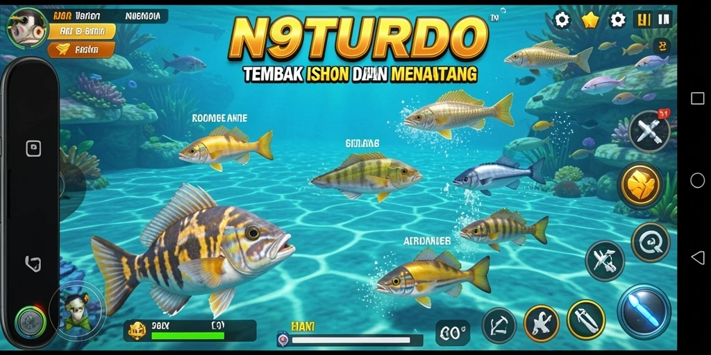 Tampilan gameplay N9TURBO yang mengasyikkan dengan ikan-ikan berwarna-warni.