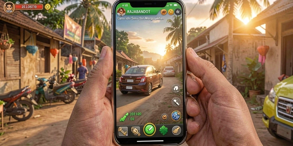 Screenshot gameplay RAJABANDOT dengan karakter yang sedang mengumpulkan sumber daya.