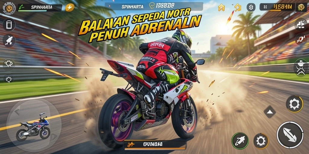 Gameplay seru di balapan sepeda motor SPINHARTA dengan visual yang menakjubkan.